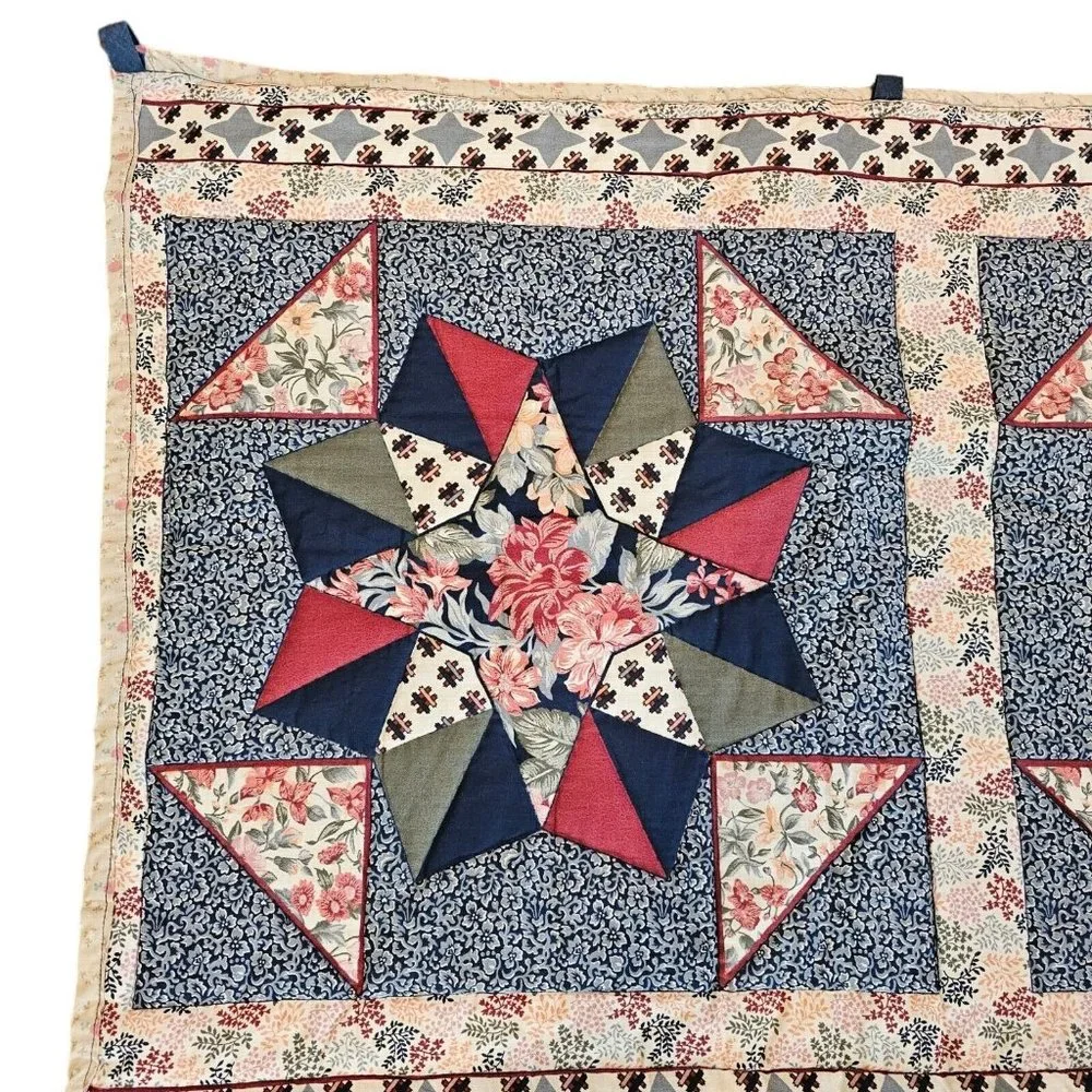 Vintage 90s Hand Stitched Star Quilt Tapestry Wall‎ Hanging Blue Roses Red 44x52